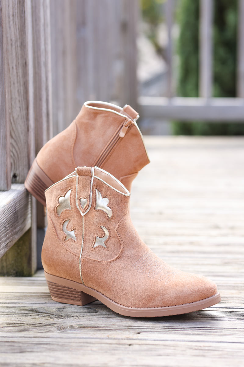 Soft suedette camel and gold cowboy ankle boots