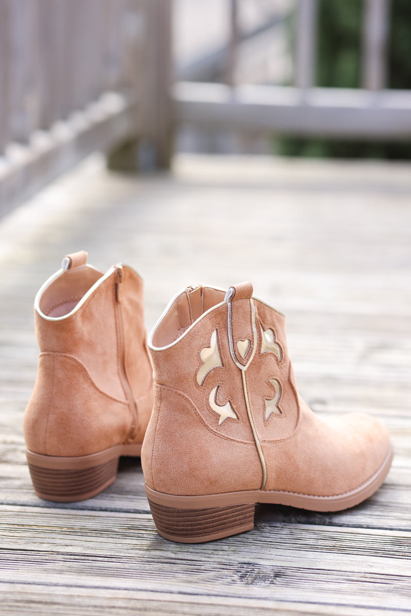 Soft suedette camel and gold cowboy ankle boots