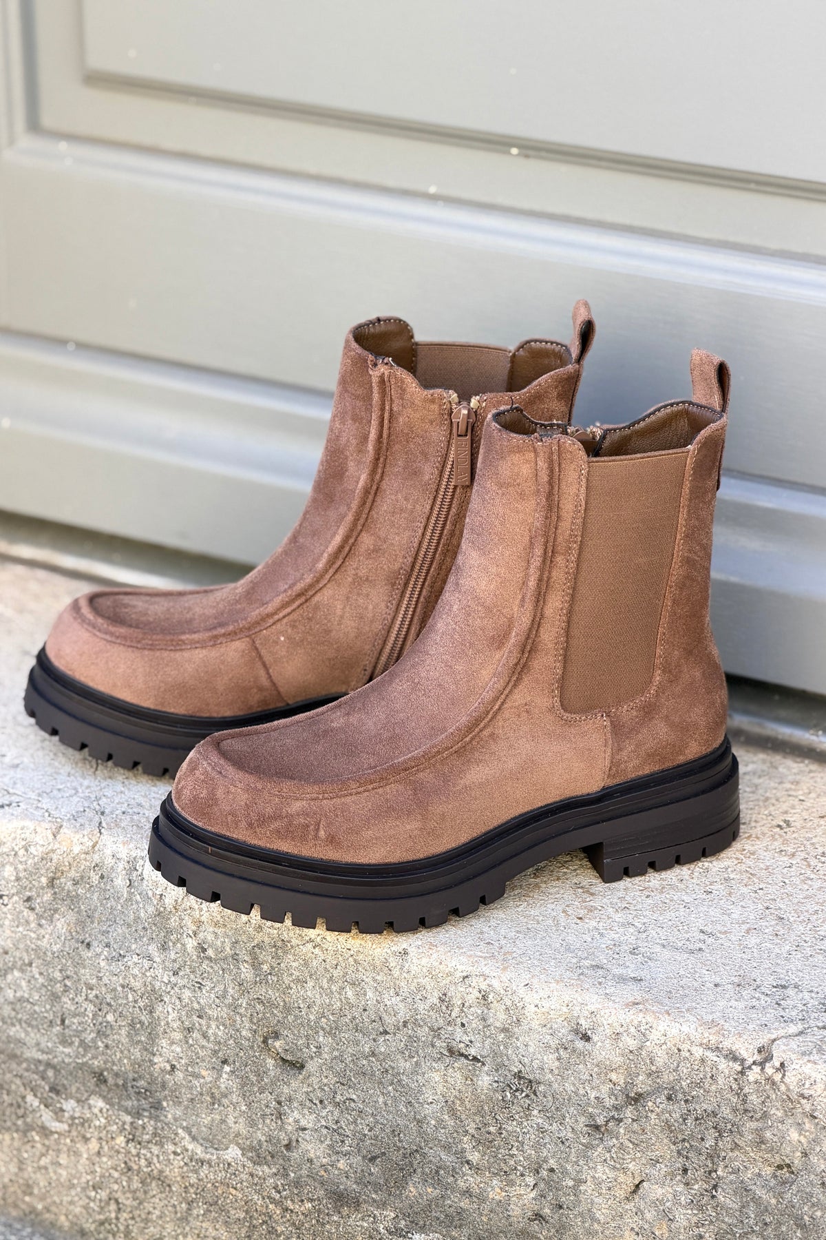 Taupe Suedette Stretch Lug Sole Boots