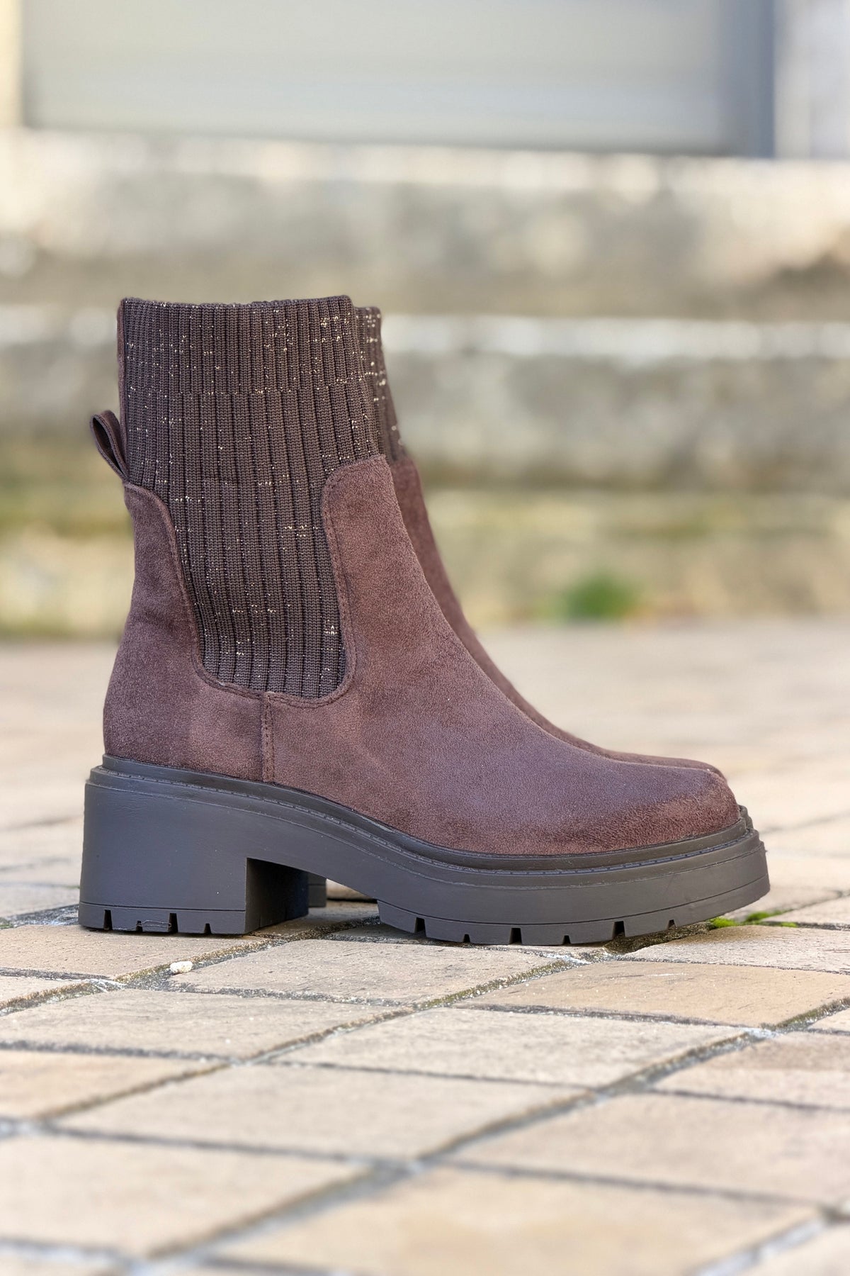 Dark Brown Suedette and Sweater Knit Boots