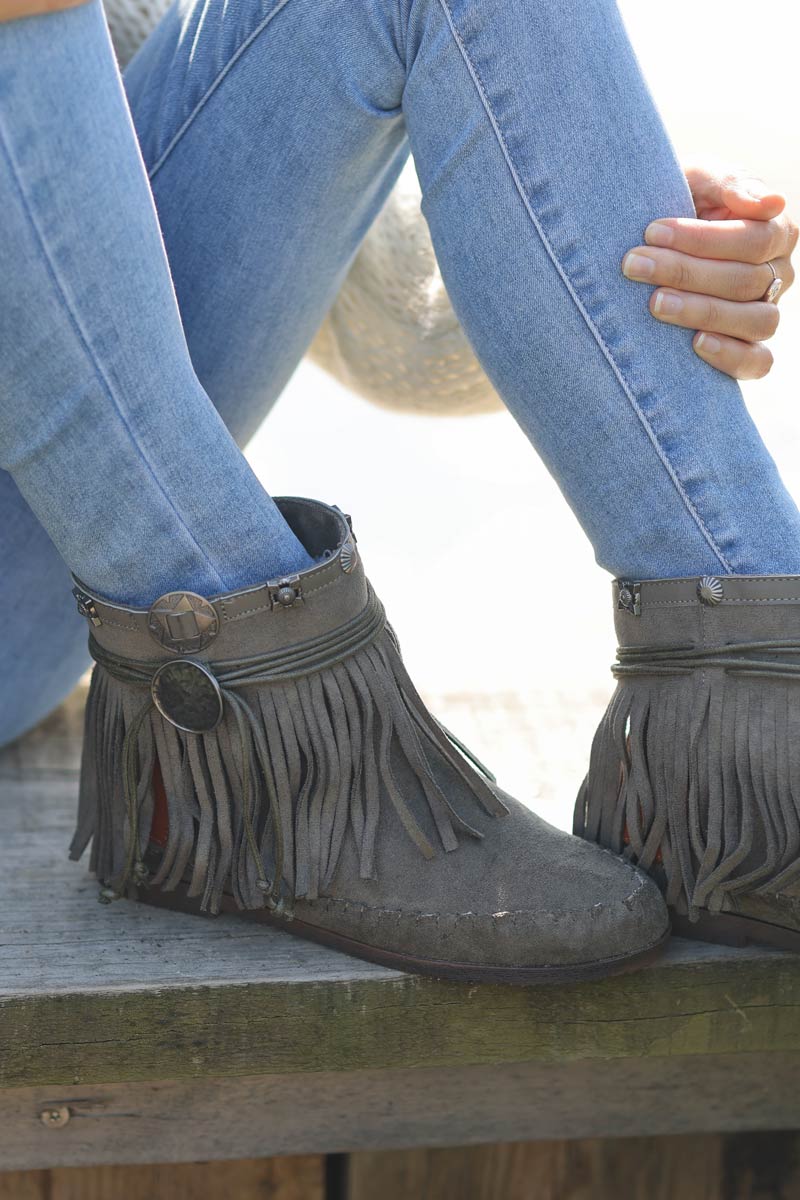 Bottines kaki avec franges esprit indien d002 (1)