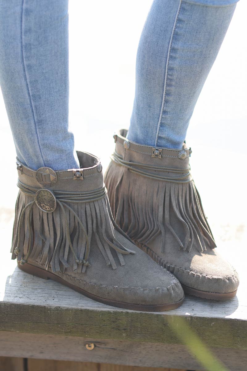 Bottines kaki avec franges esprit indien d002 (1)