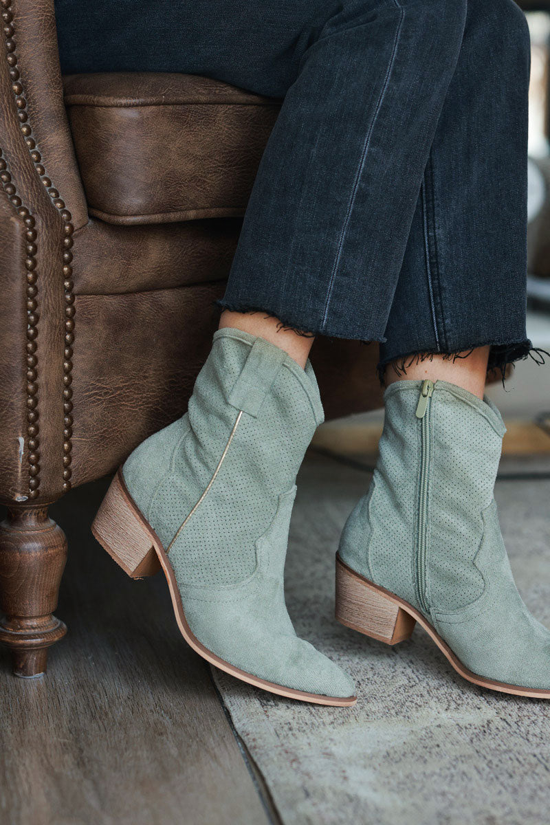 Light olive Sueded Cowboy Ankle Boots