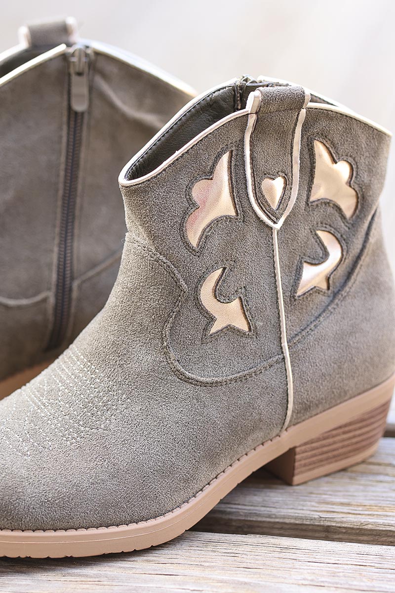 Bottines kaki motifs et liserés dorés petit talon