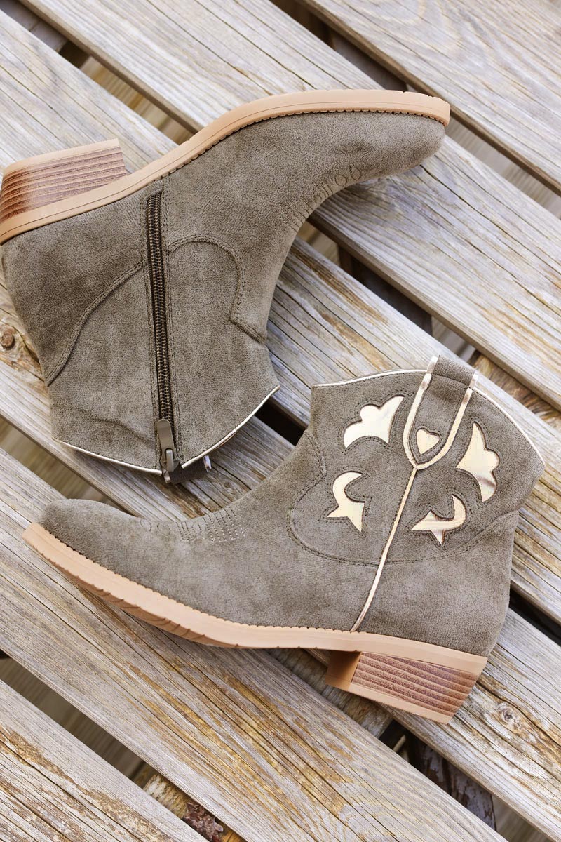 Bottines kaki motifs et liserés dorés petit talon