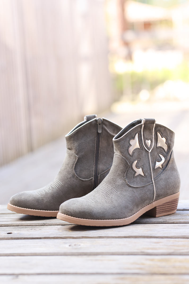 Bottines kaki motifs et liserés dorés petit talon