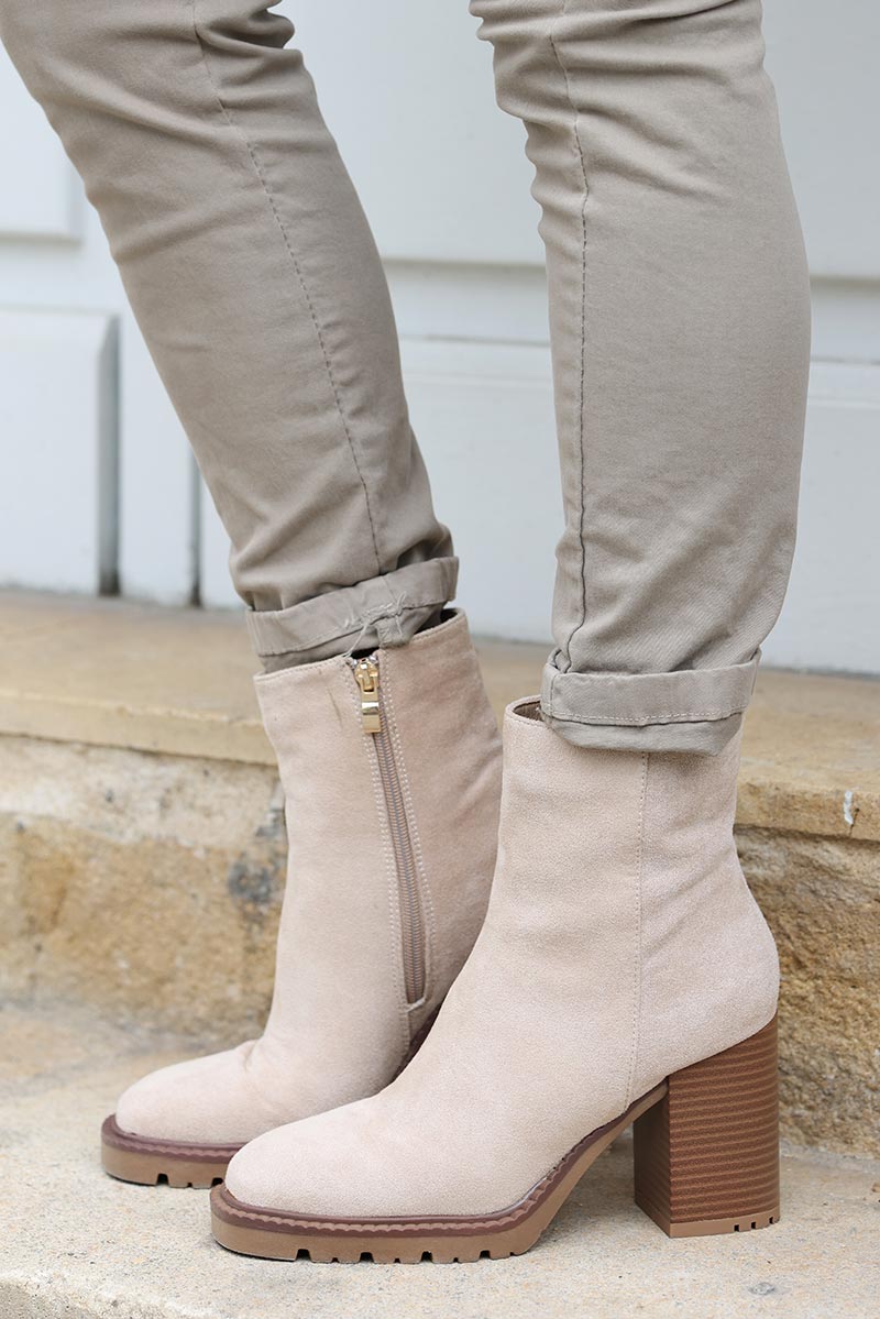 Bottines talons suédine beige bottes ville femme tendance G058