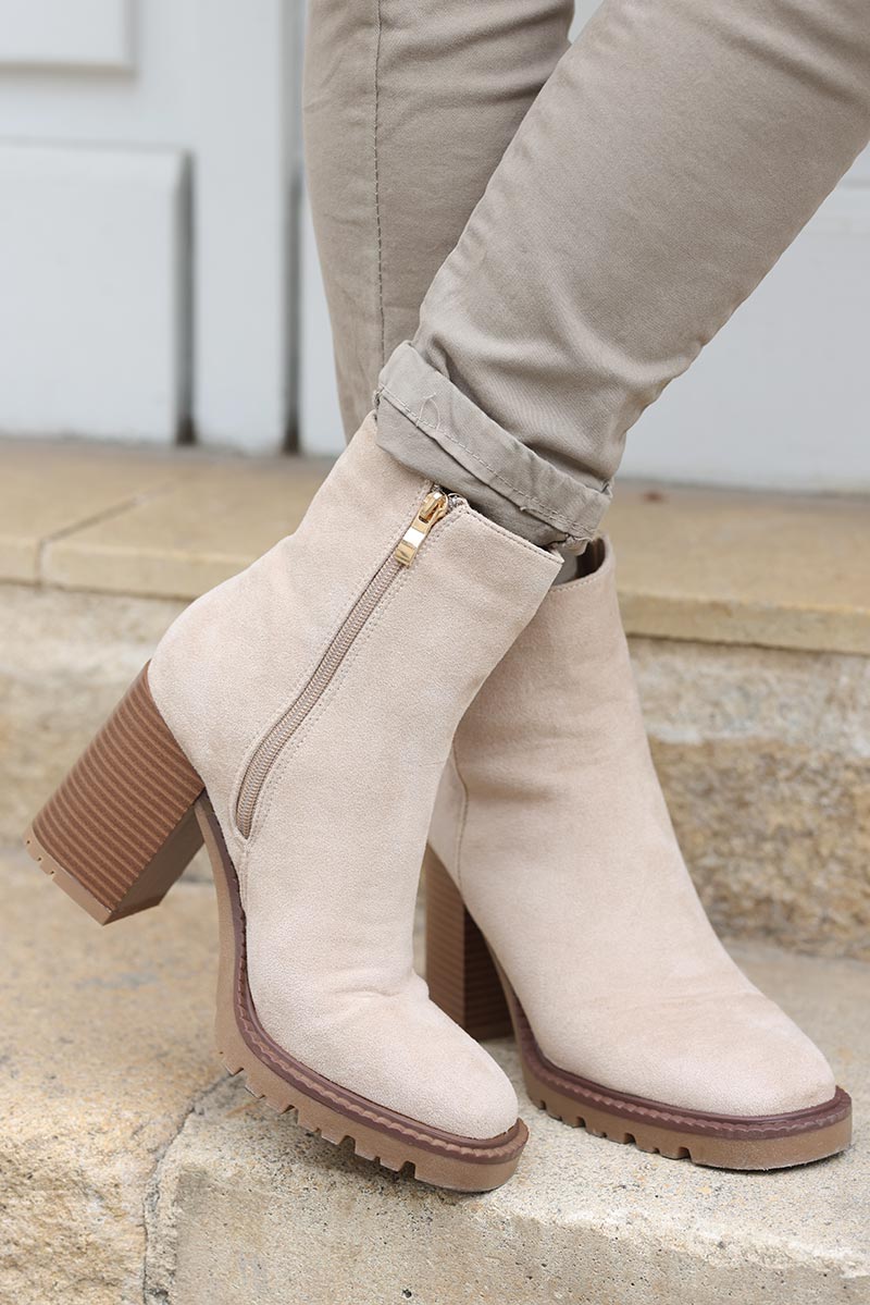 Bottines talons suédine beige bottes ville femme tendance G058