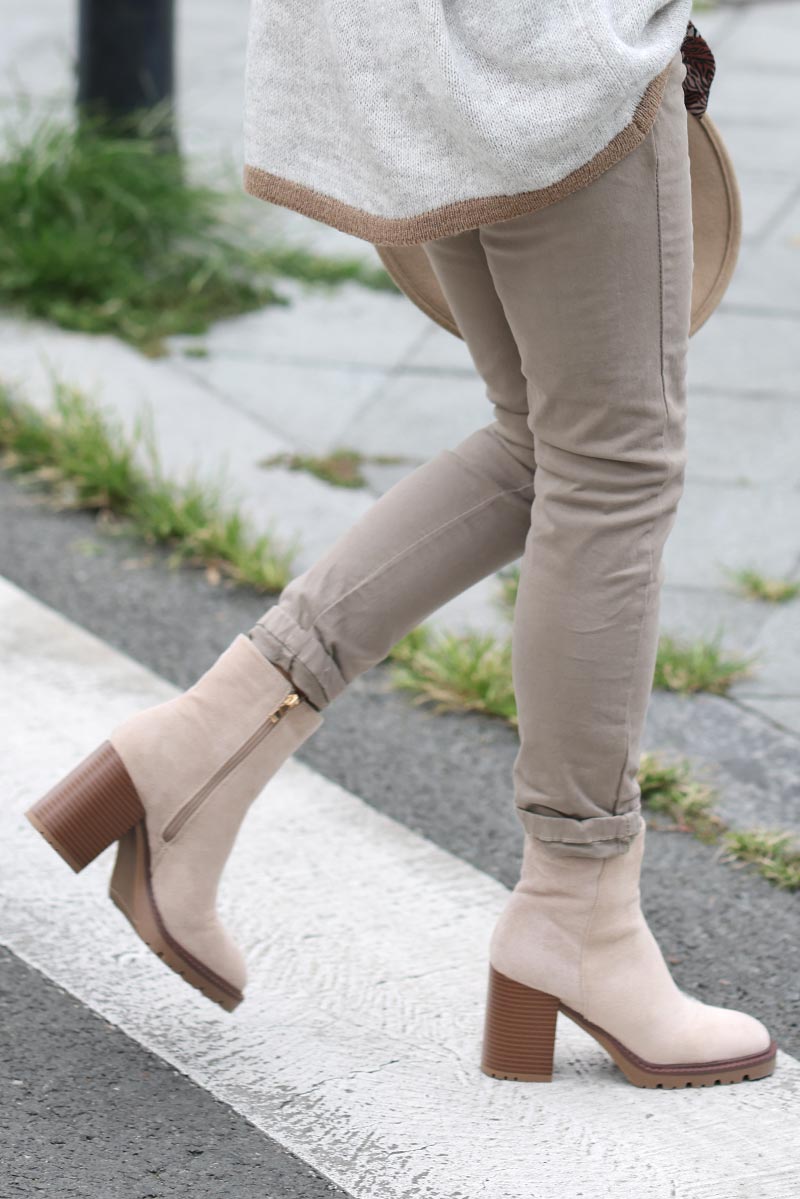 Bottines talons suédine beige bottes ville femme tendance G058