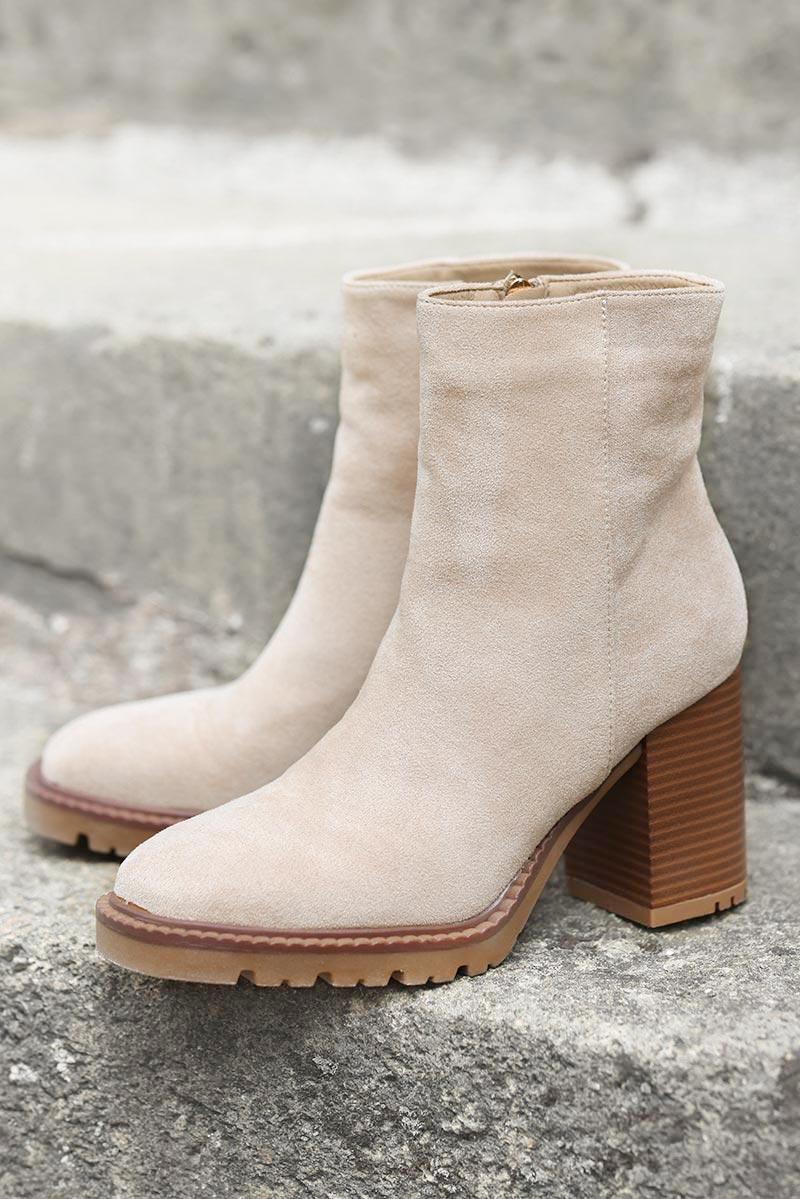 Bottines talons suédine beige bottes ville femme tendance G058