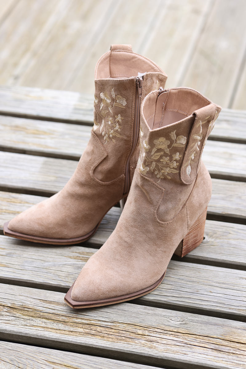 Taupe mid calf cowboy boots with floral embroidery