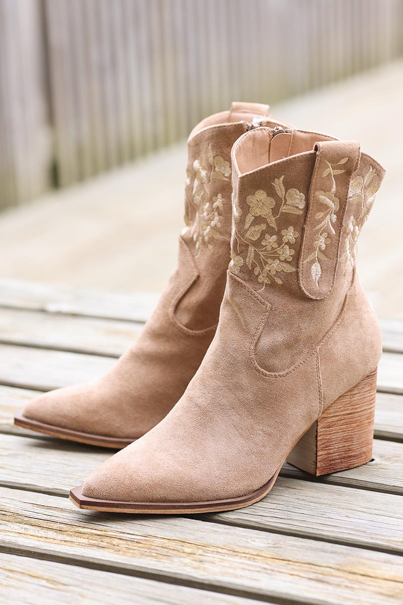Taupe mid calf cowboy boots with floral embroidery