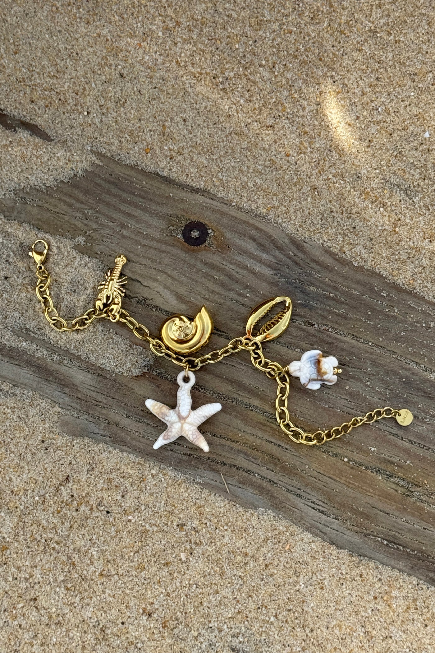 Bracelet chaine dorée avec breloques coquillages et étoile de mer