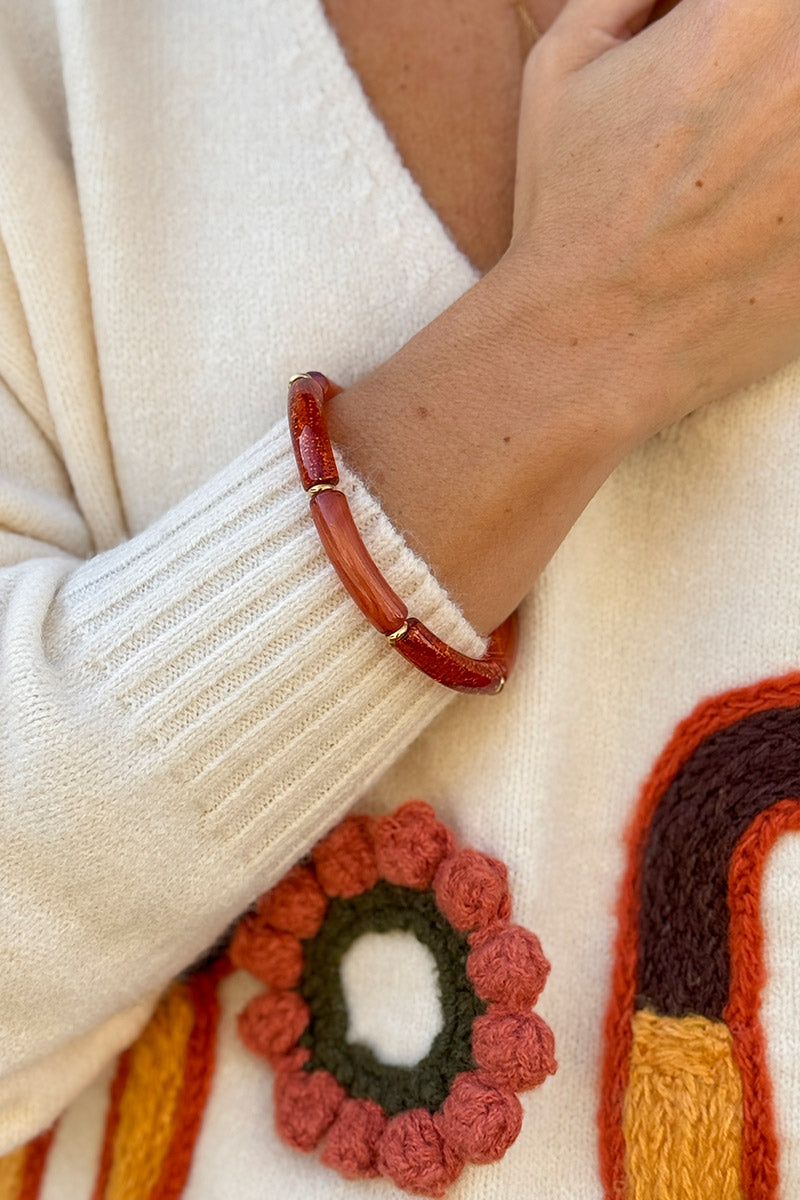 Bracelet élastique style jonc en perles fines acétate marbrées terracotta et paillettes