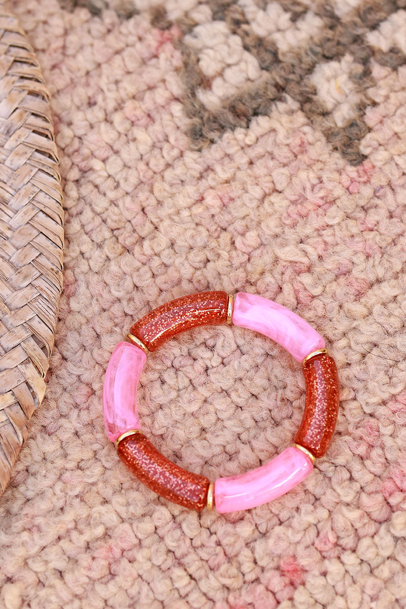 Bracelet élastique style jonc en perles acétate pailletées rose terracotta