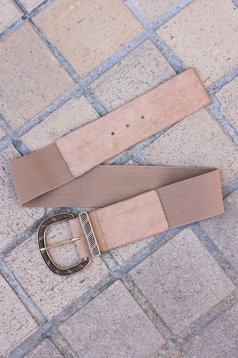 CEINTURE ÉLASTIQUE TAUPE BOUCLE DORÉE RELIEF G120 (1)