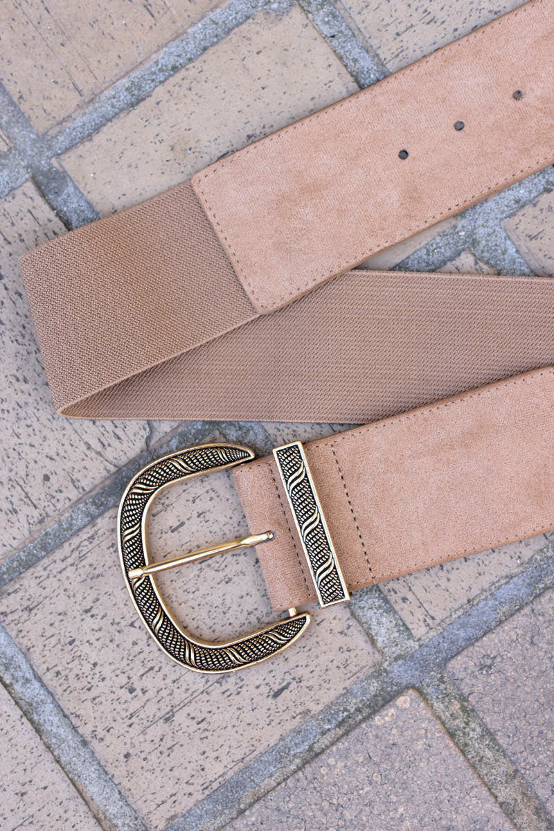 CEINTURE ÉLASTIQUE TAUPE BOUCLE DORÉE RELIEF G120 (1)