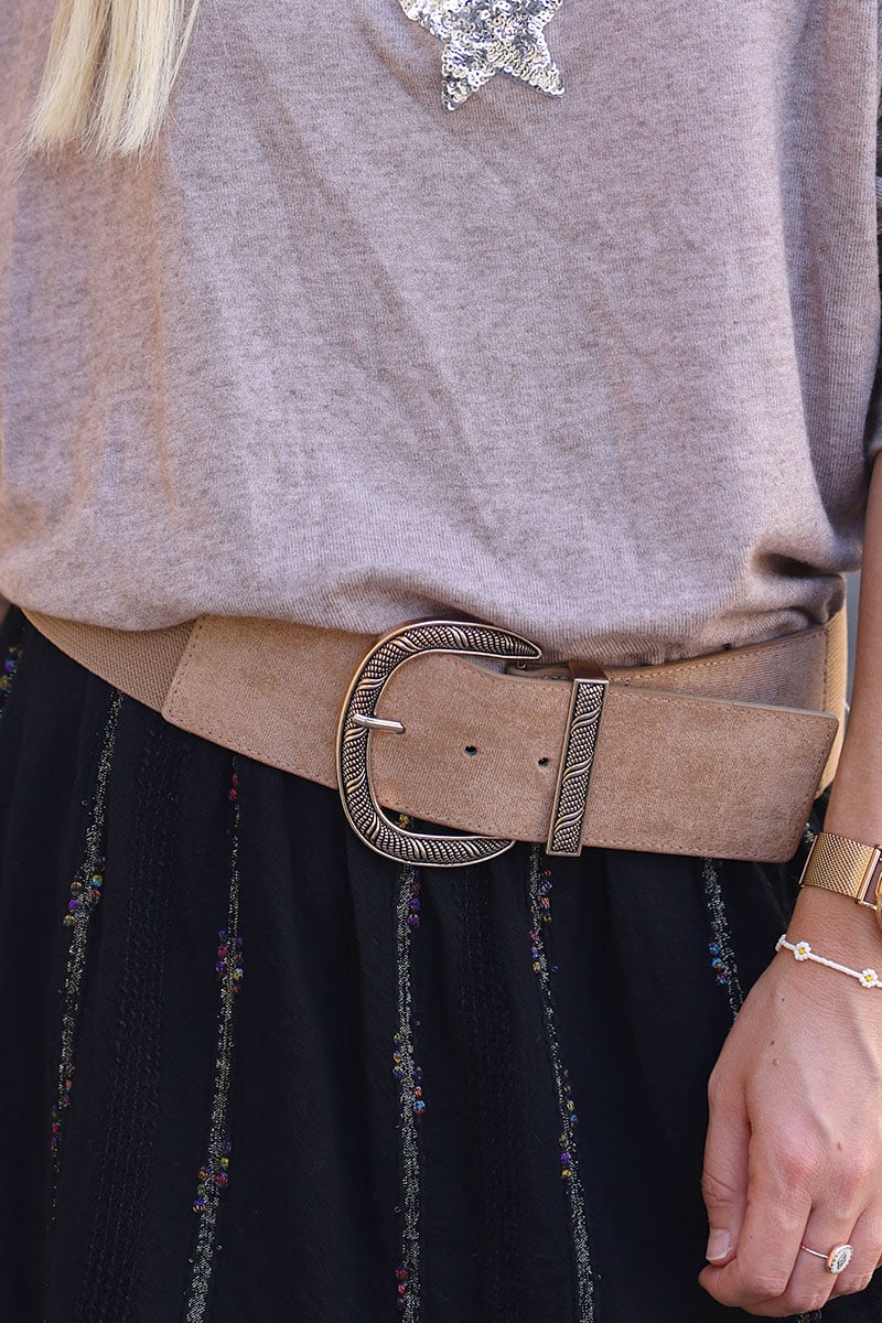 CEINTURE ÉLASTIQUE TAUPE BOUCLE DORÉE RELIEF accessoire mode pour femme G120