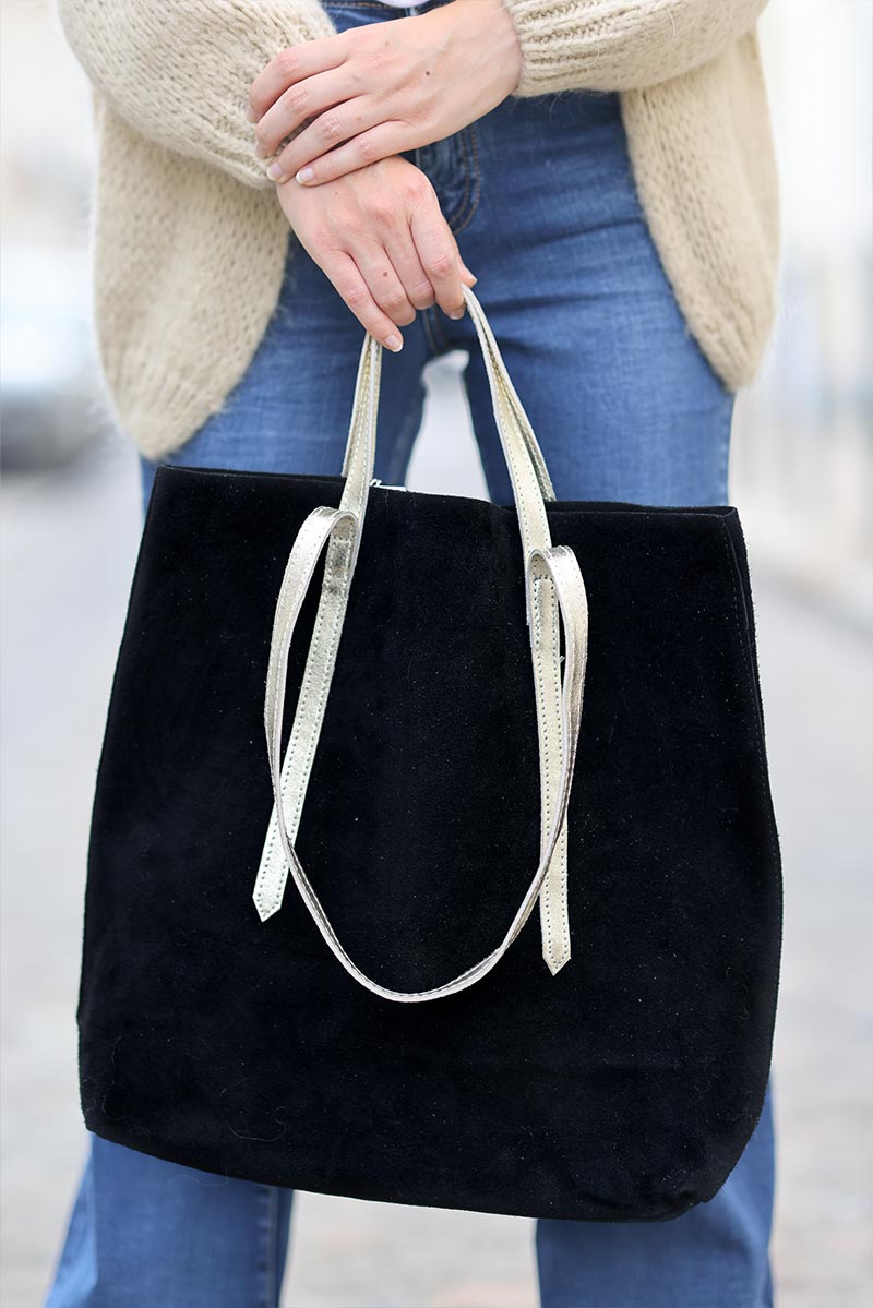 Cabas noir matière cuir velours double anses dorées sac femme pratique G030
