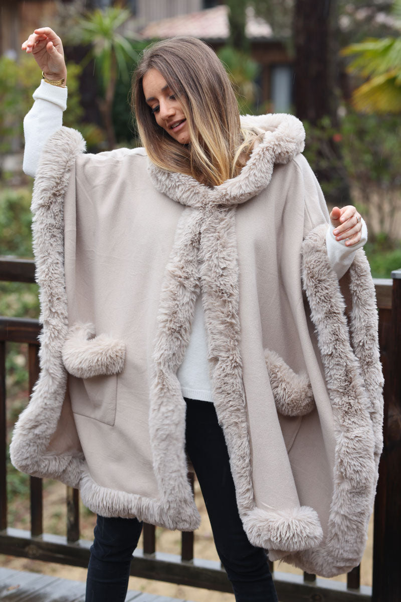 Super soft beige hooded cape with faux fur edging