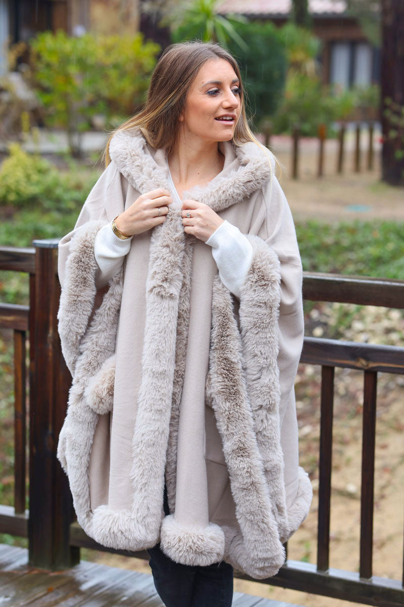 Super soft beige hooded cape with faux fur edging