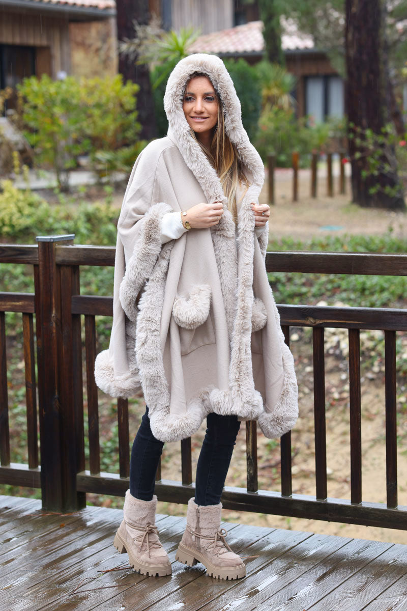 Super soft beige hooded cape with faux fur edging