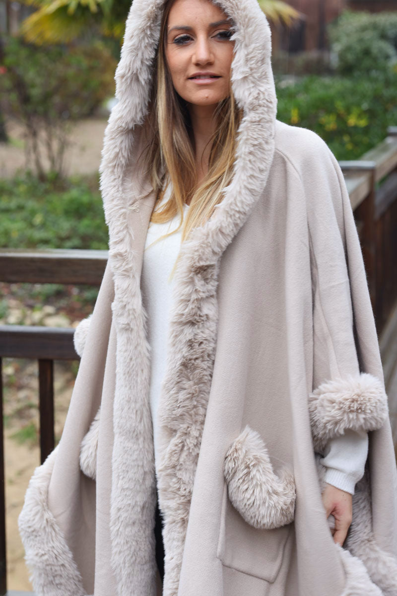 Super soft beige hooded cape with faux fur edging