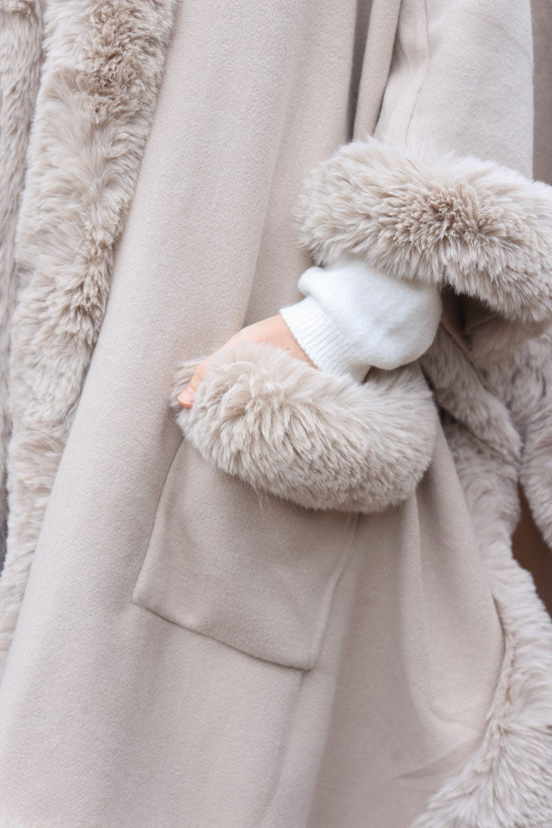 Super soft beige hooded cape with faux fur edging