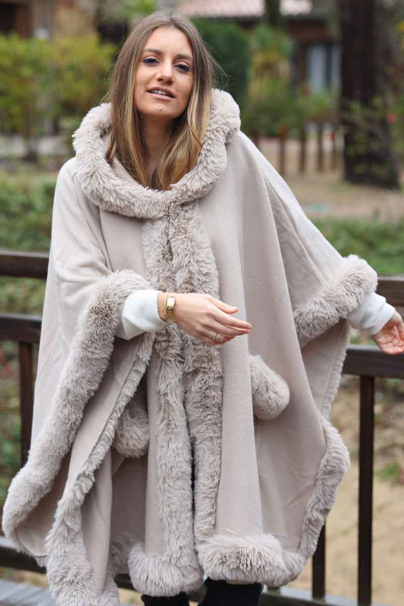 Super soft beige hooded cape with faux fur edging