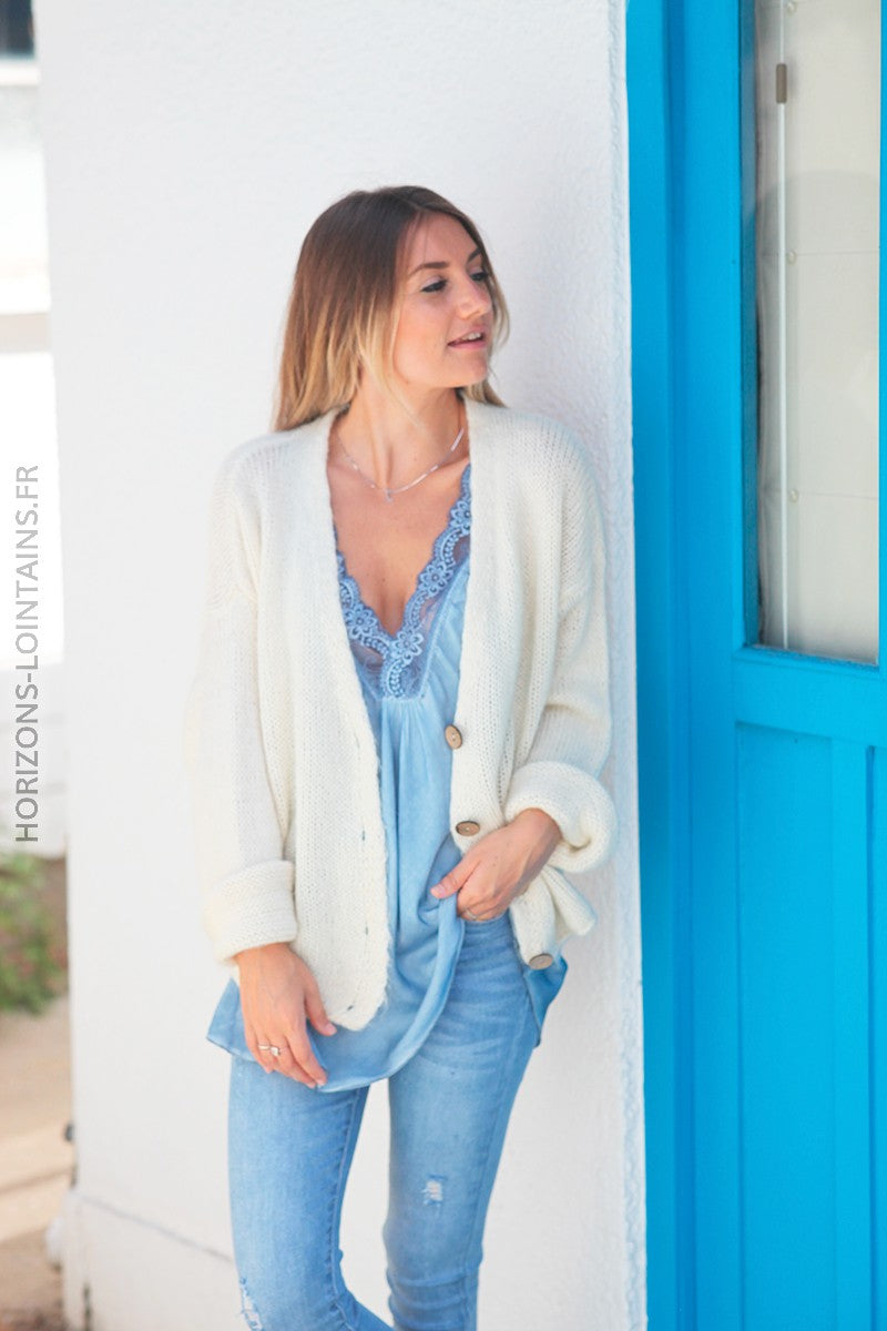 Caraco bleu jean col V en dentelle c076 2