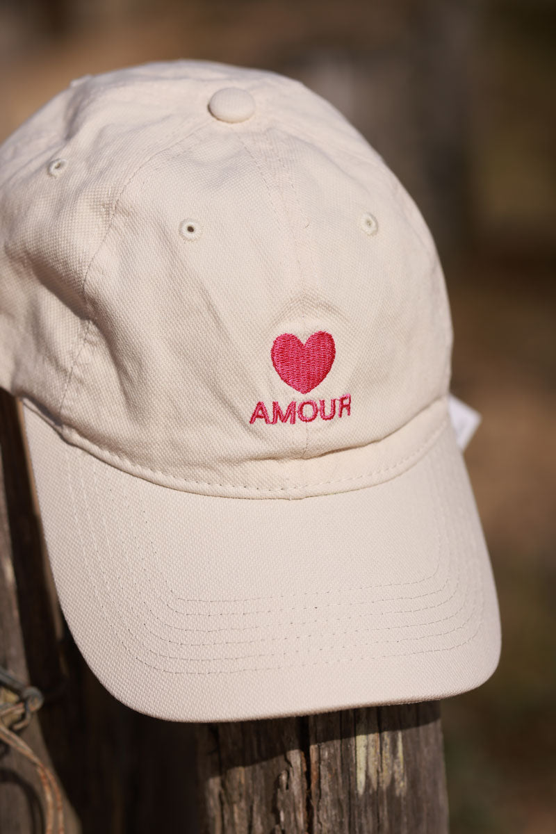 Casquette beige reglable pour femme broderie coeur Amour rose