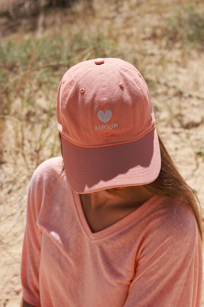 Casquette orange pastel réglable pour femme broderie cœur Amour beige