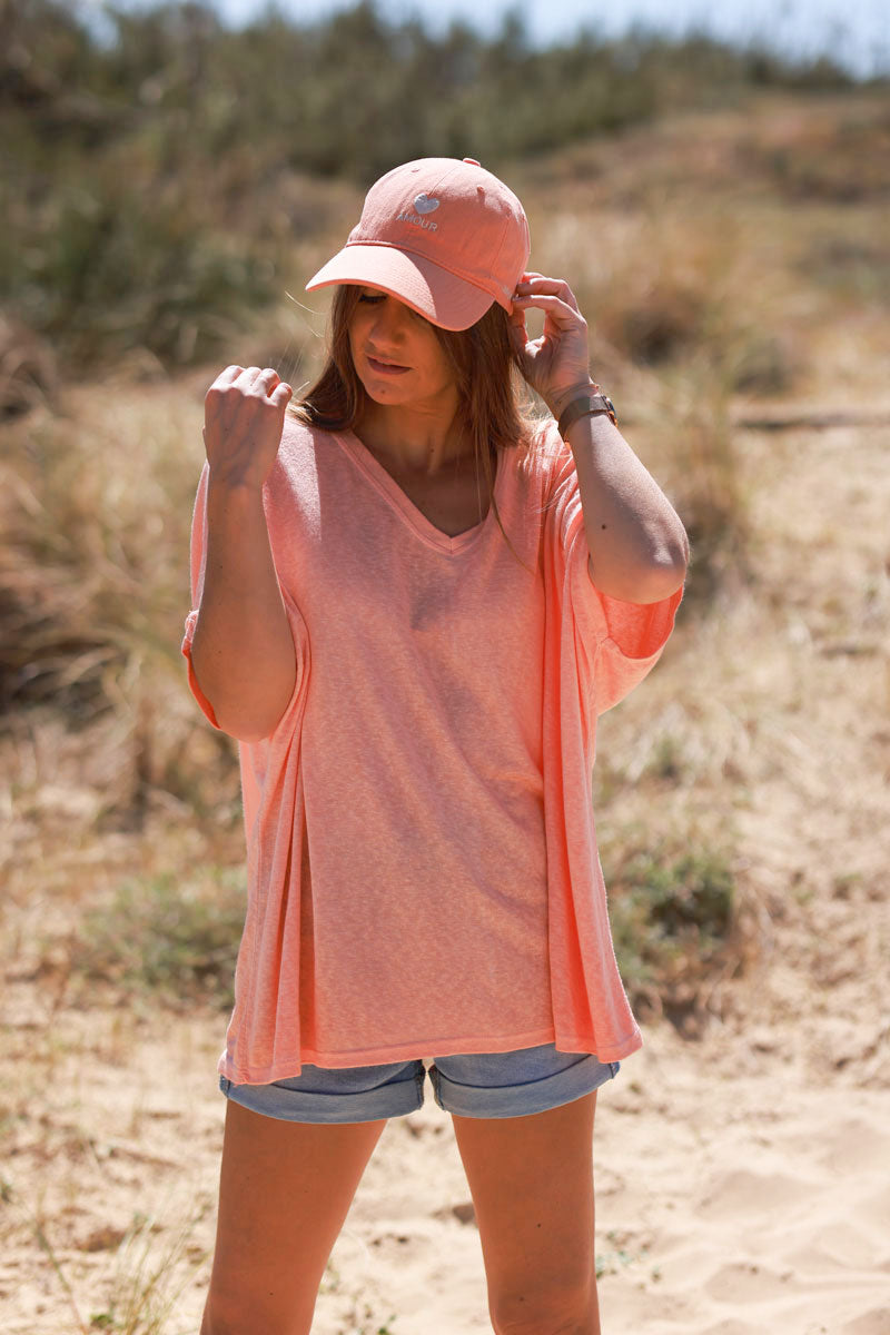 Casquette orange pastel réglable pour femme broderie cœur Amour beige