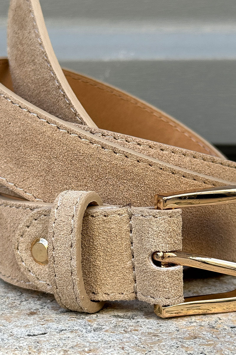Beige Nubuck Leather Belt with Goldtone Buckle