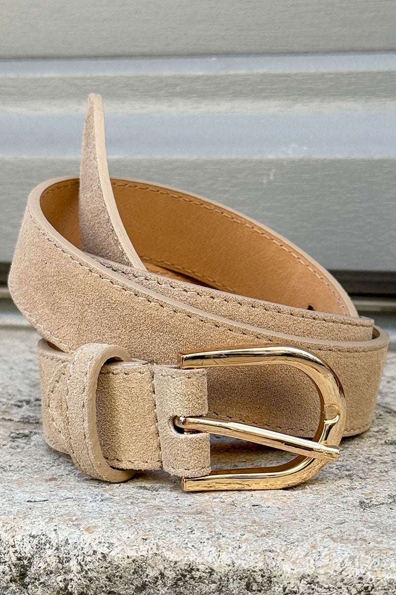 Beige Nubuck Leather Belt with Goldtone Buckle