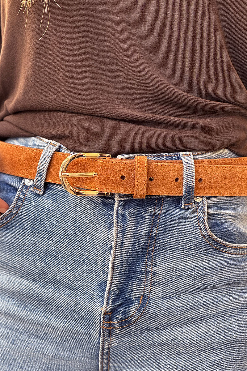 Camel Nubuck Leather Belt with Goldtone Buckle