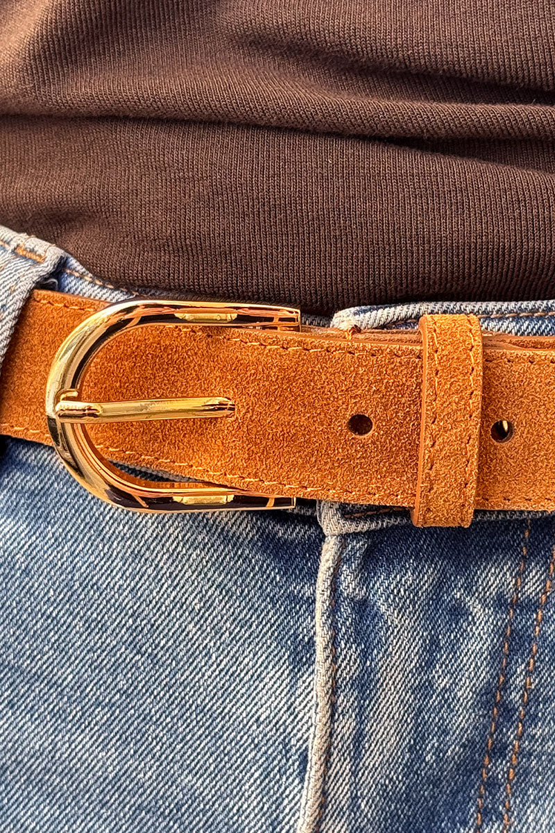 Camel Nubuck Leather Belt with Goldtone Buckle