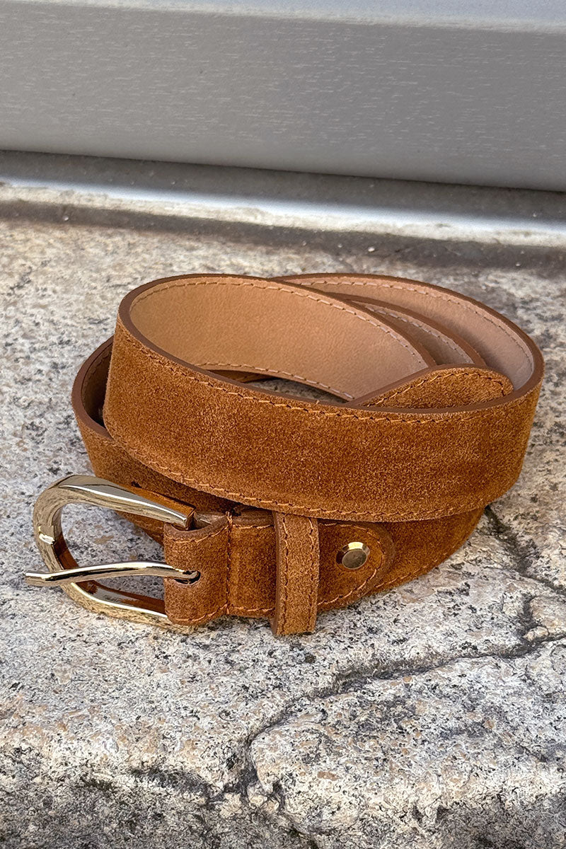 Camel Nubuck Leather Belt with Goldtone Buckle