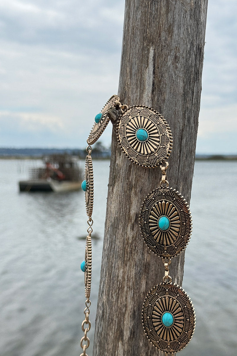 Ceinture de taille en métal doré chaine rosaces relief avec pierres style turquoise