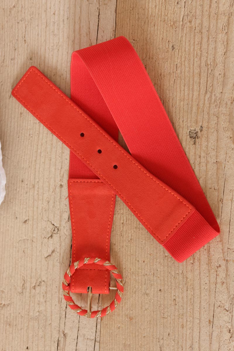 Ceinture elastique en suedine rouge orange boucle torsade g057 (1)