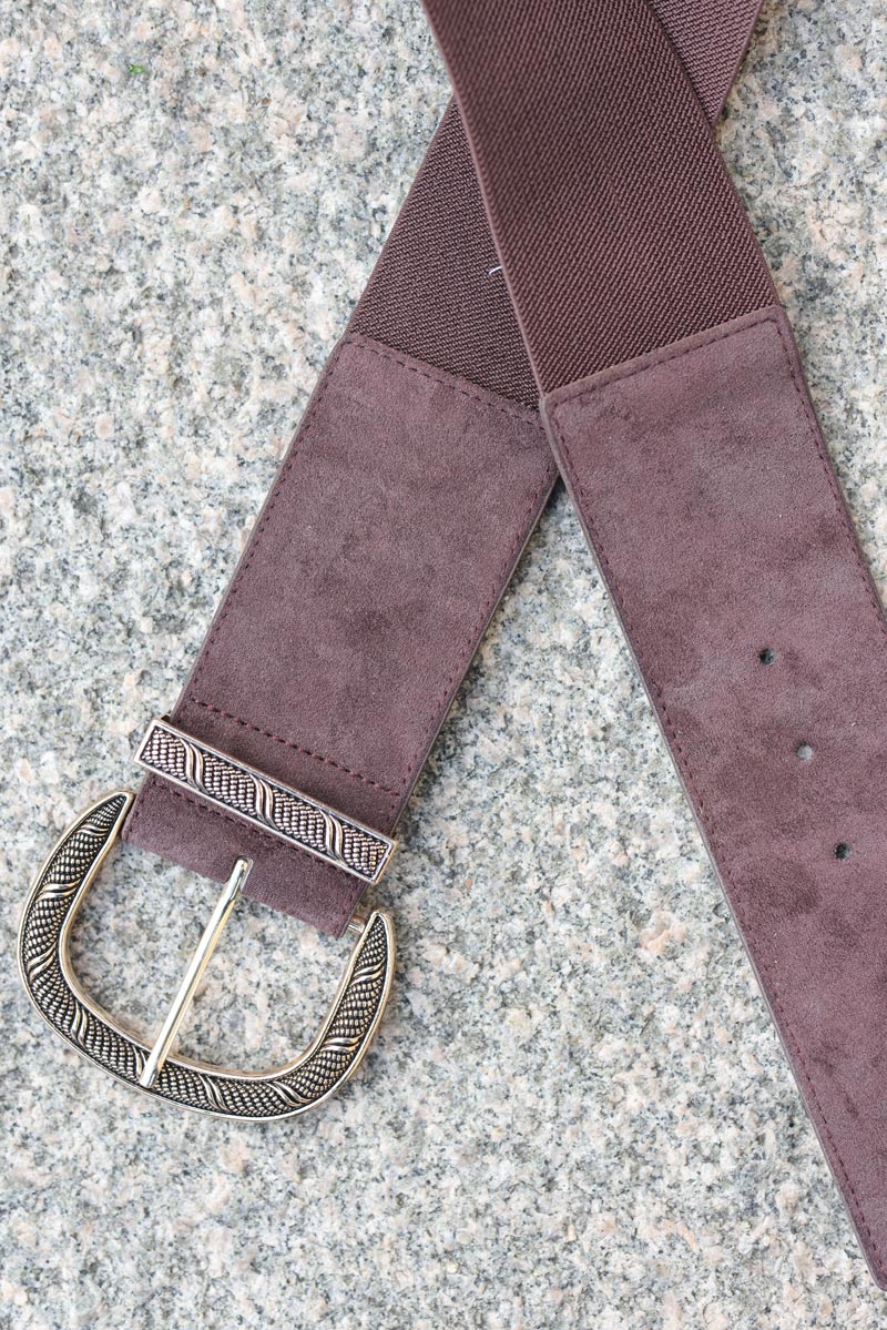 Ceinture elastique marron boucle doree relief g120 (1)