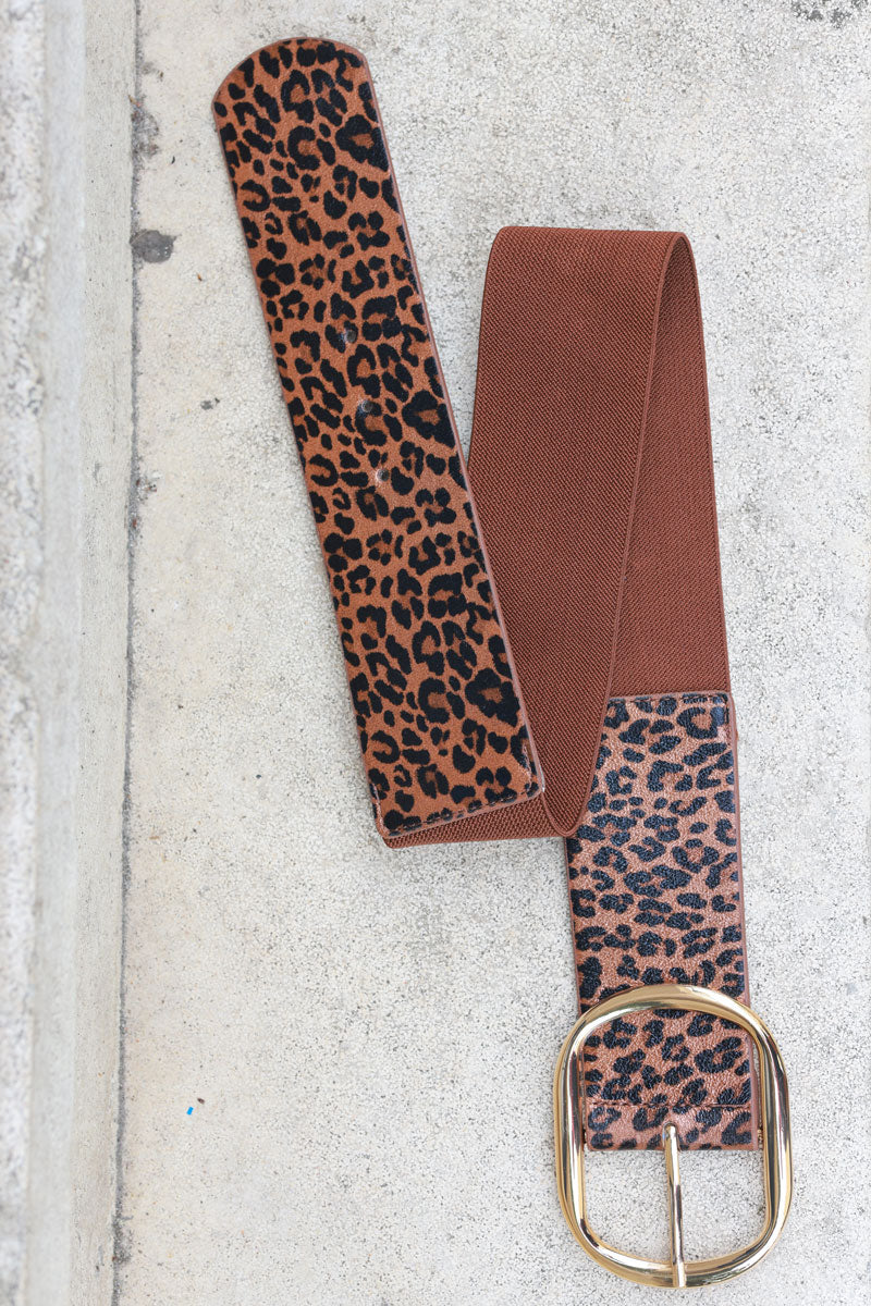 Ceinture élastique motif léopard brillant camel boucle dorée