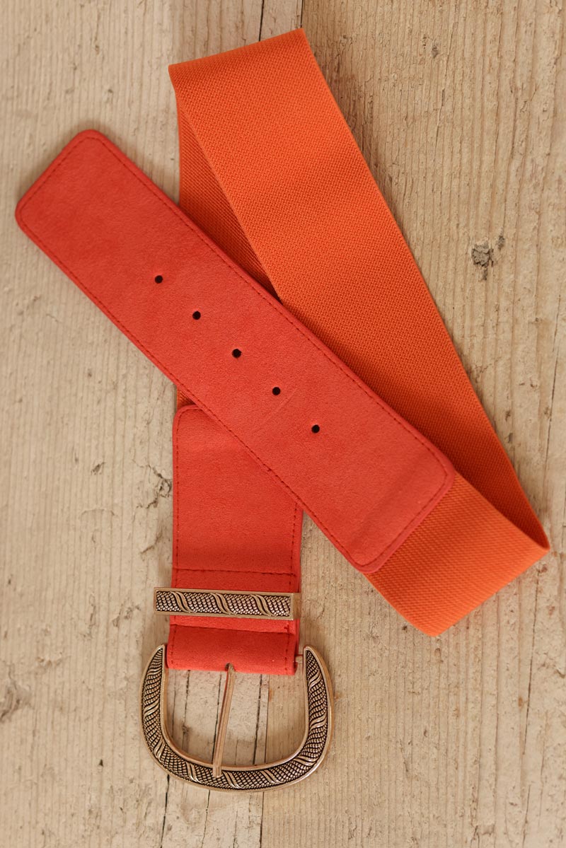 Ceinture elastique orange boucle doree relief G120