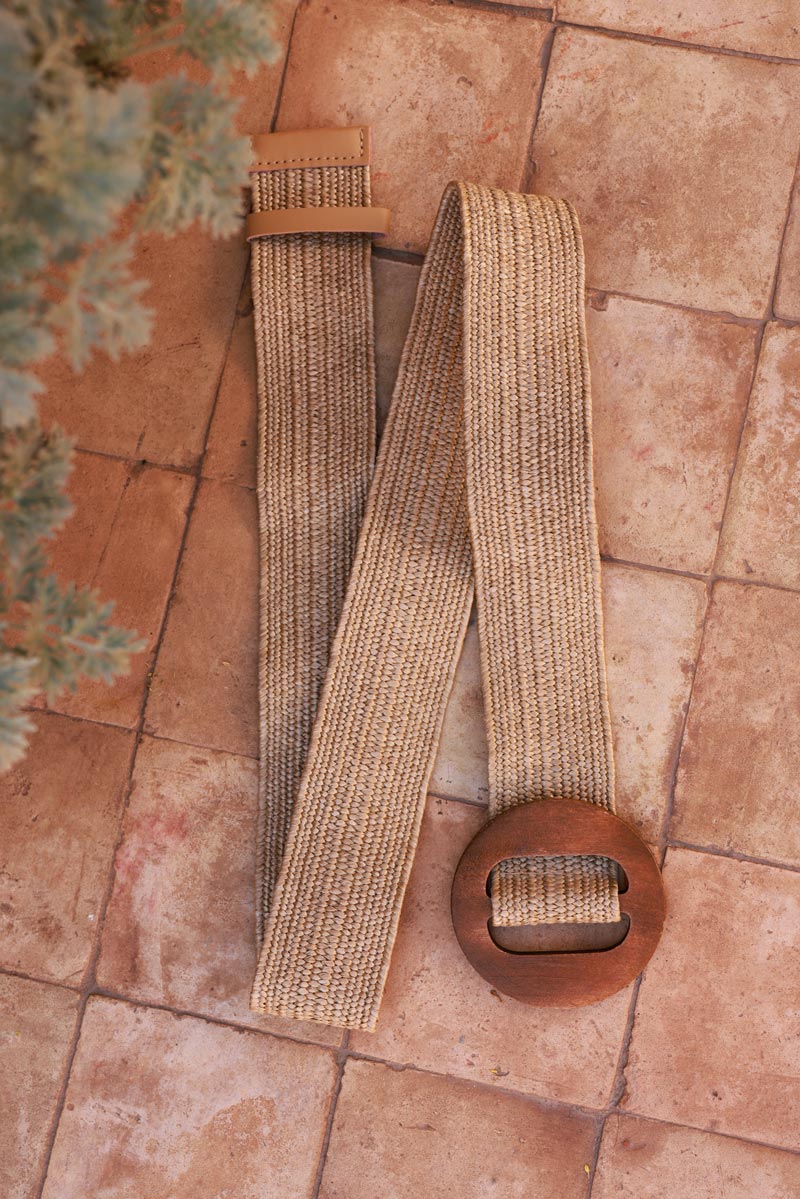 Ceinture élastique style raphia boucle ronde en bois