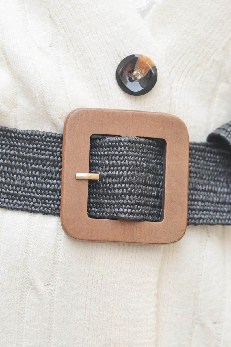 Ceinture elastique style raphia noir boucle carree en bois E033 (1)