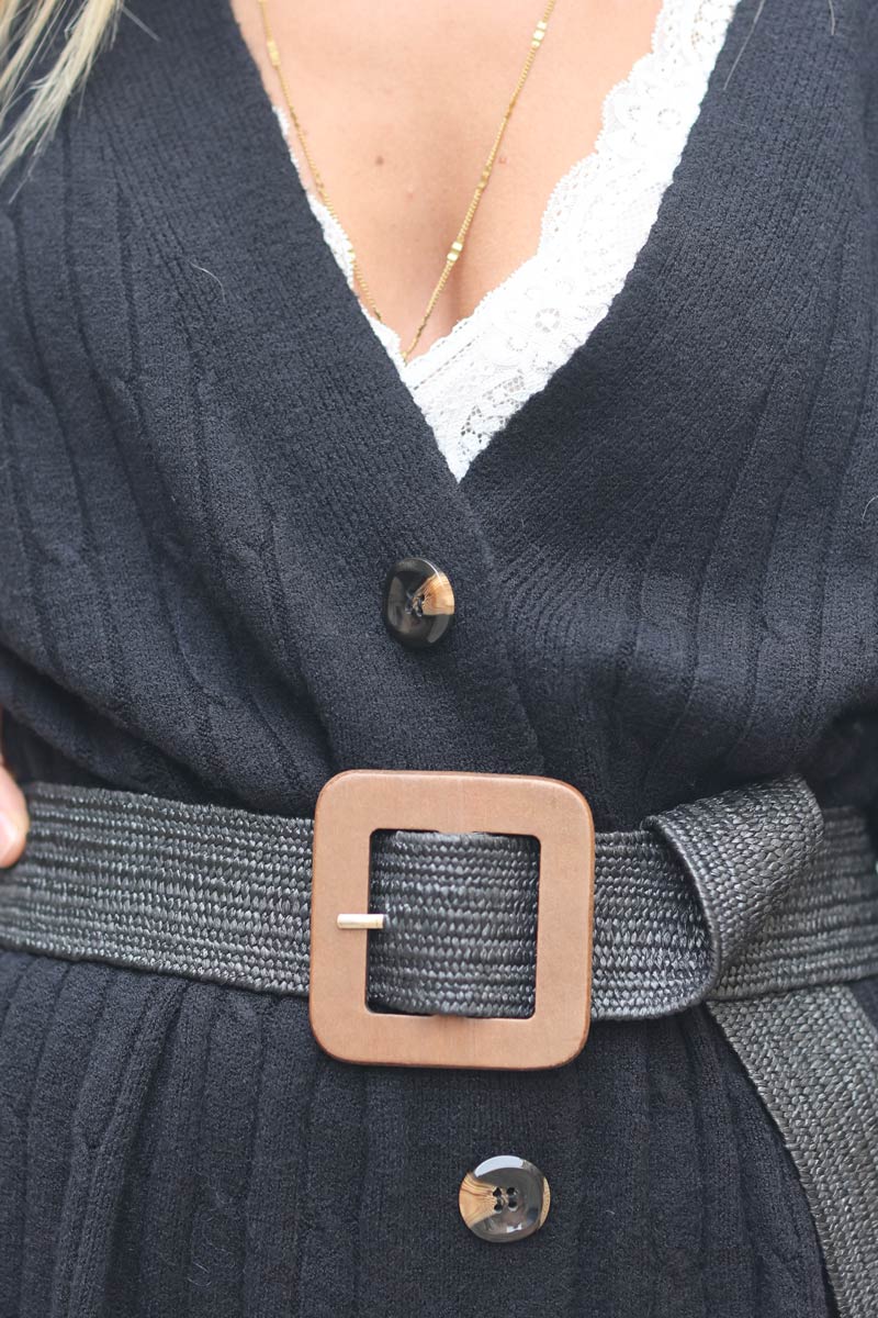 Ceinture elastique style raphia noir boucle carree en bois E033 (1)