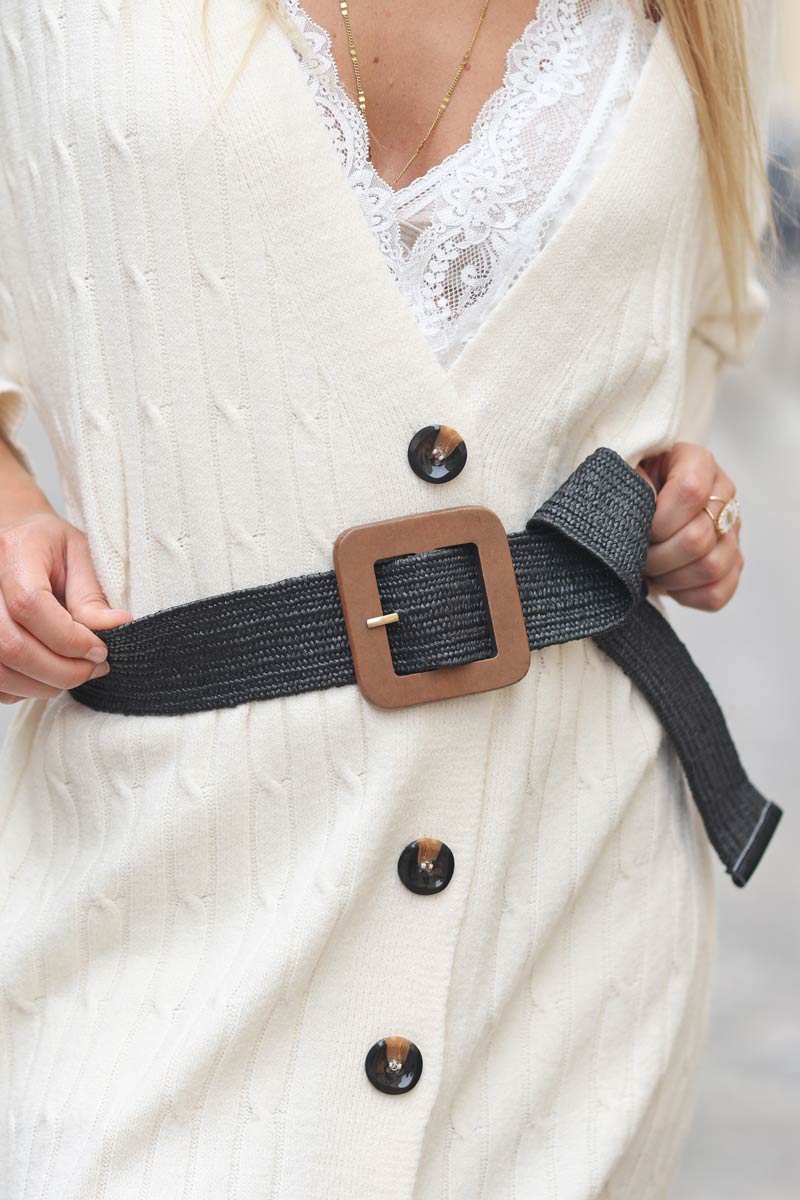 Ceinture elastique style raphia noir boucle carree en bois E033 (1)