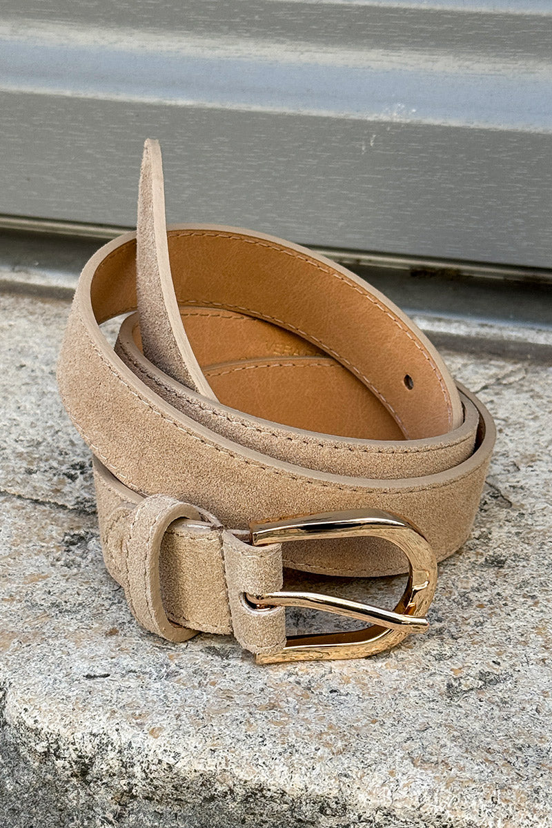 Beige Nubuck Leather Belt with Goldtone Buckle