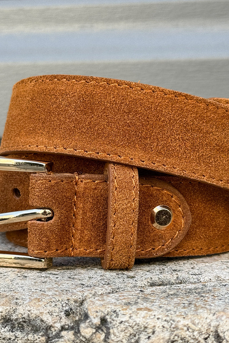 Camel Nubuck Leather Belt with Goldtone Buckle