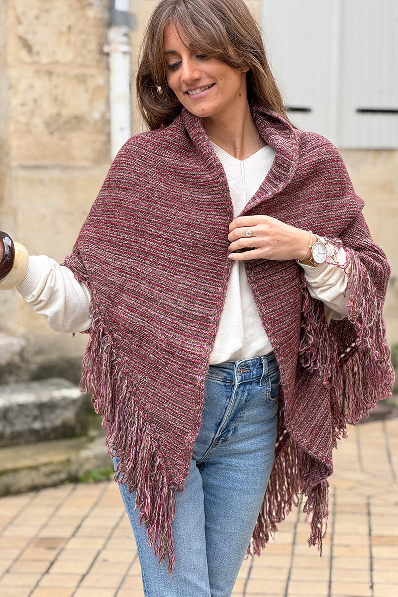 Châle à franges en maille chinée aubergine